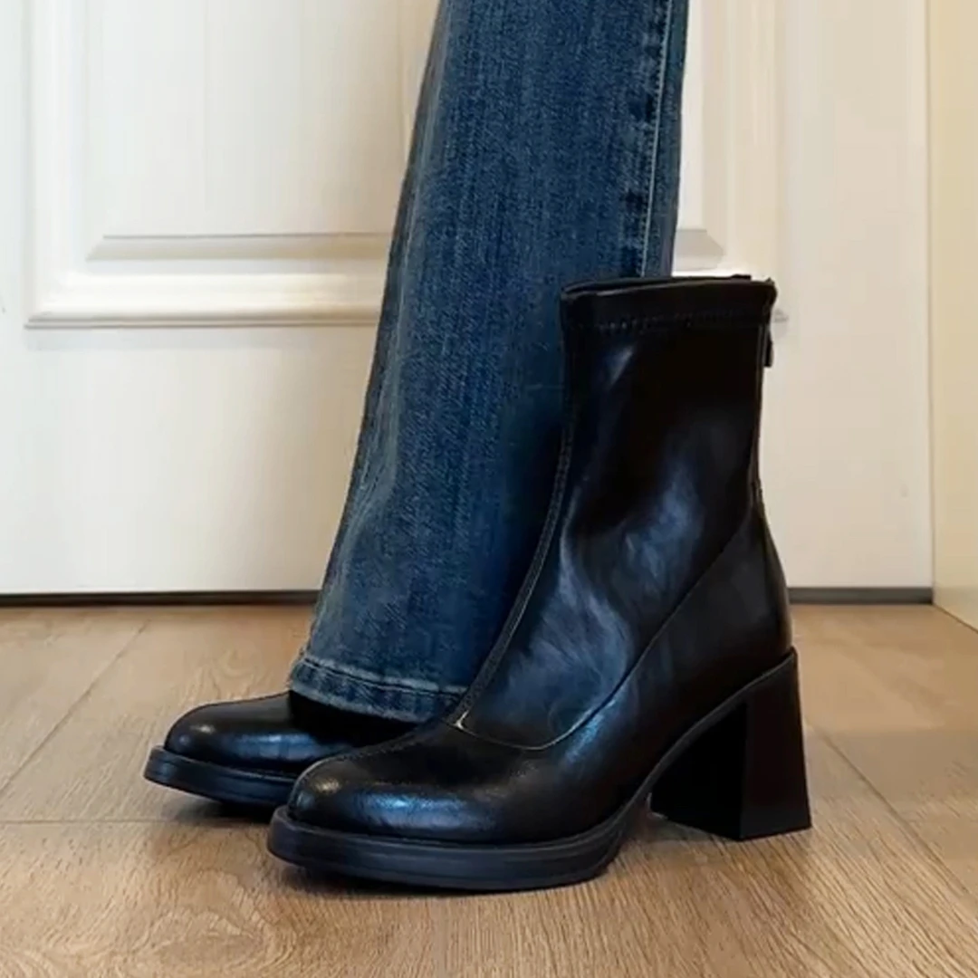 羊皮版~粗高跟厚底短靴女秋冬新品法式绝美弹力瘦瘦靴通勤马丁靴