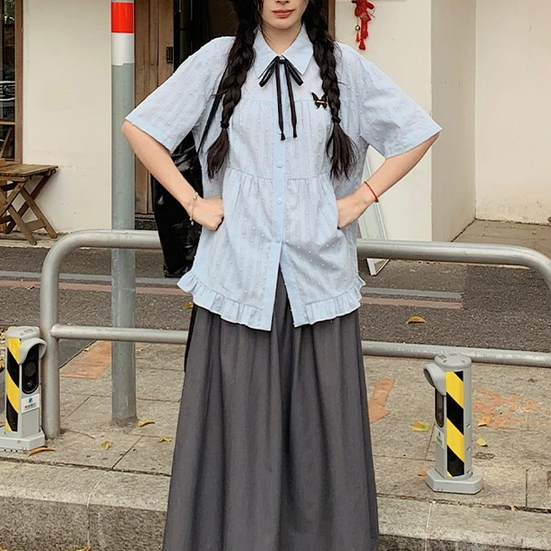 夏季新款复古浅蓝色花边衬衫送领带女设计感韩版百搭显瘦宽松衬衣