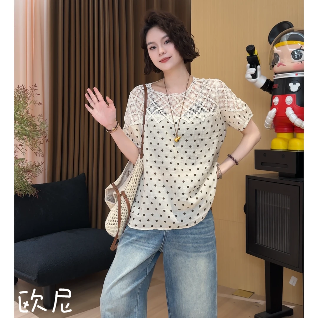 欧尼私服 2025夏镂空拼接波点气质休闲百搭短袖T恤2506C3484