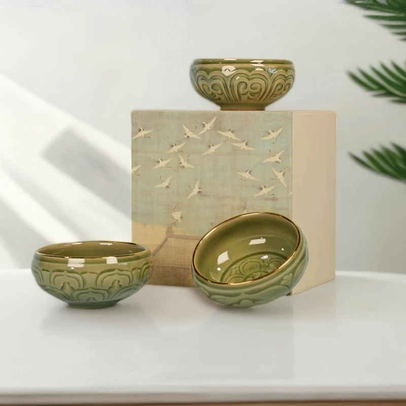 【长安知己】耀州窑天青秘色手工刻花宝莲禅定茶杯尖/仰/俯莲瓣*1