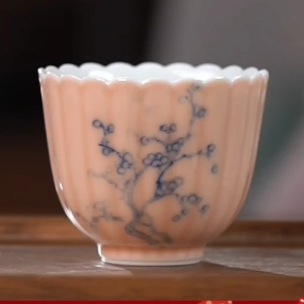 【网瓷 福利】寒梅 仿古高温红釉青花花口杯