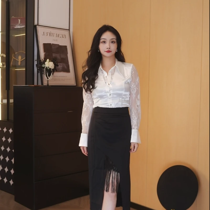 春秋百搭拼接气质小众长袖设计性感蕾丝长袖轻奢女式衬衫KXF8658