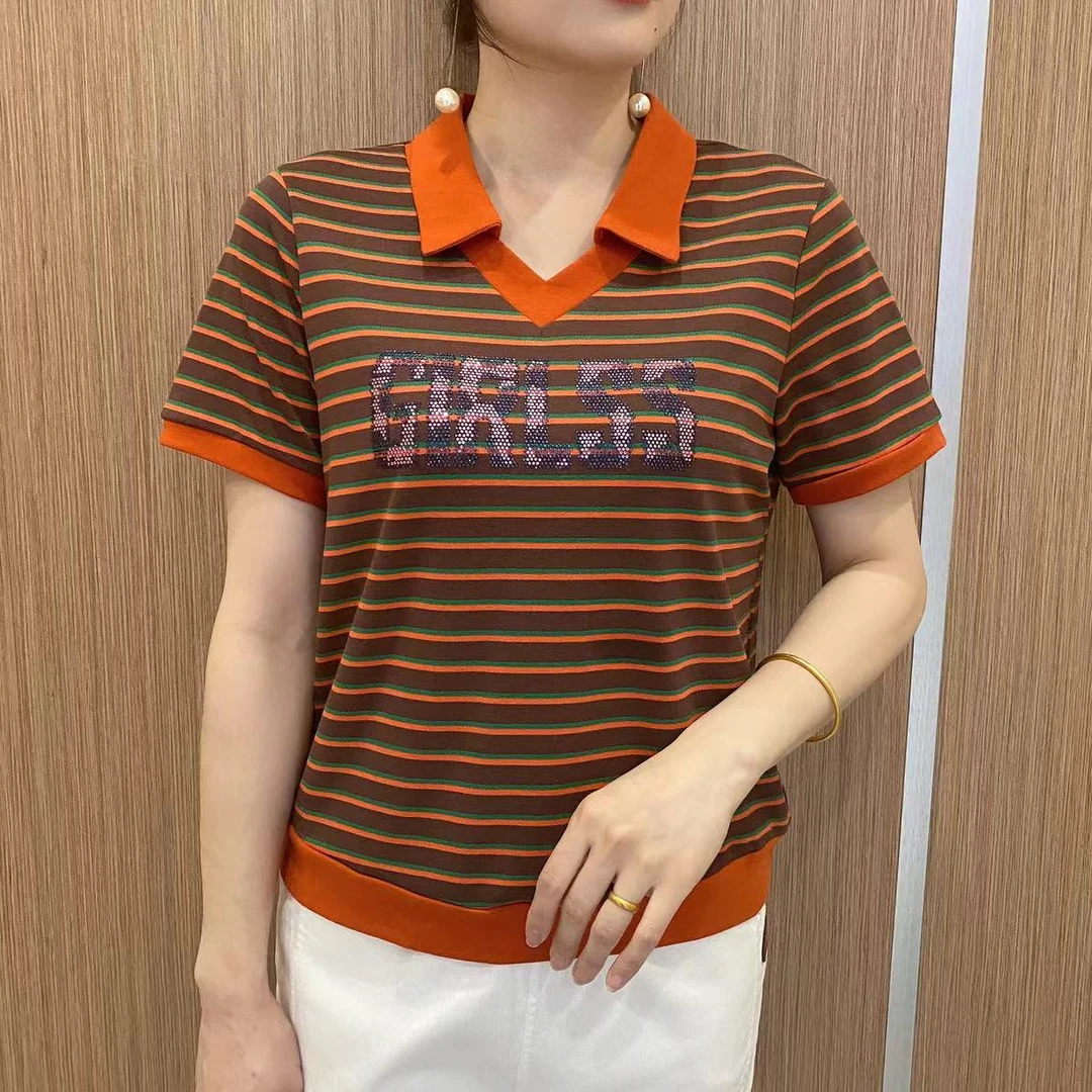 8960夏季新款女士条纹短袖T恤打底衫时尚大码中年上衣