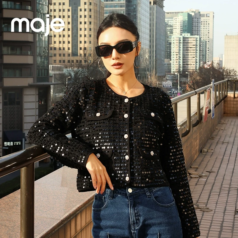 氛围感穿搭|Maje2025早秋新款女装黑色短款针织开衫MFPCA00563