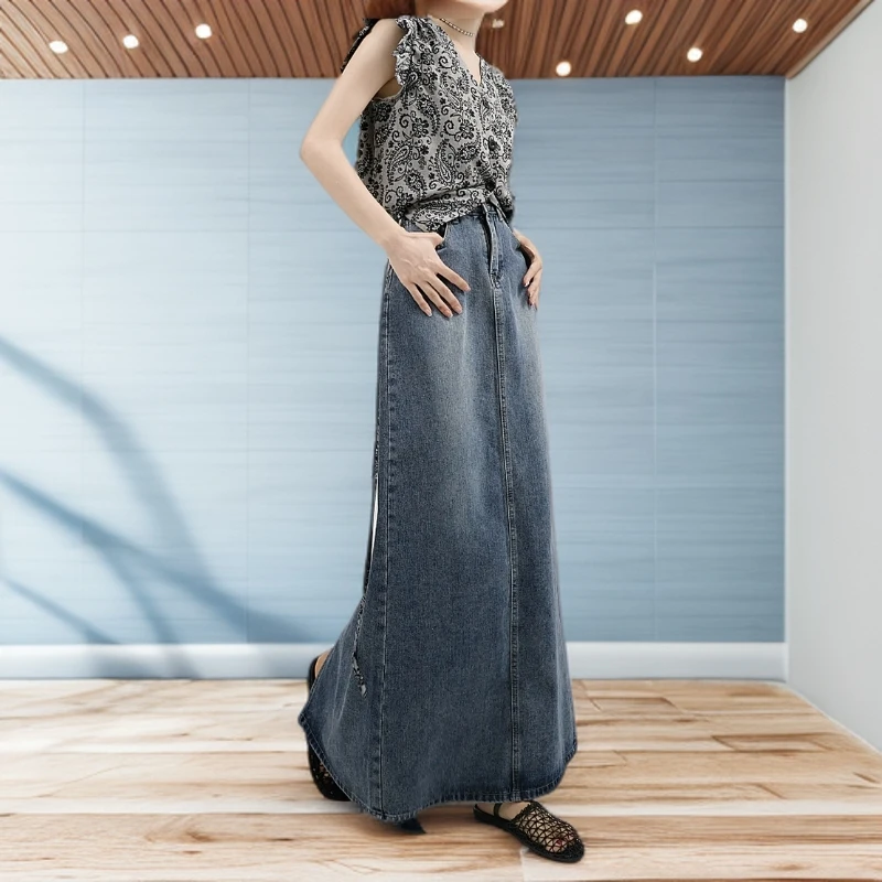 裙长108高个子牛仔半身裙女超长版a字高腰后开叉加长休闲半裙显瘦