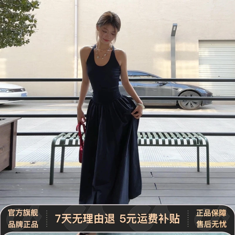 蓝色无袖挂脖吊带背心连衣裙子女装夏季2025新款法式气质收腰长裙