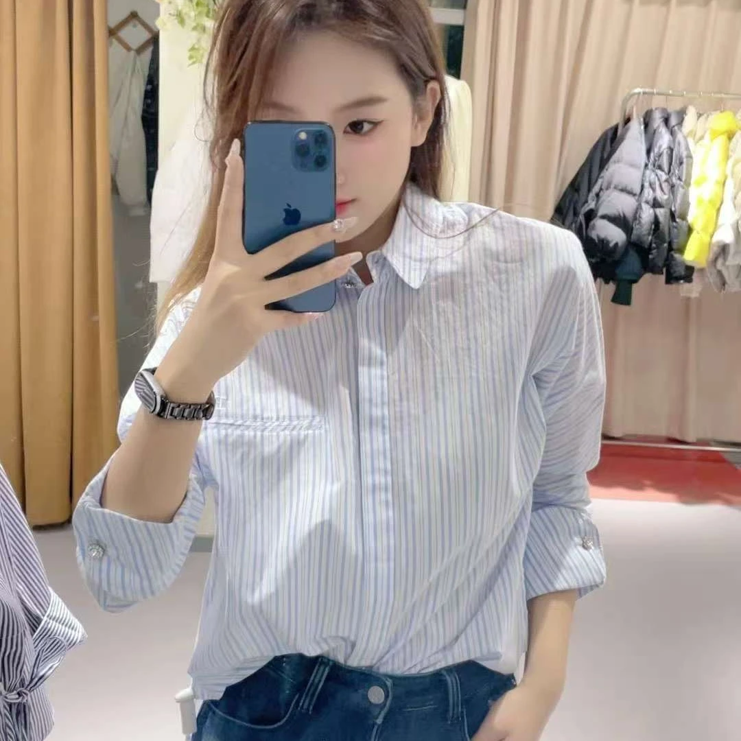 25早春新款时尚条纹宽松减龄小清新少女衬衣外套马蹄袖衬衫