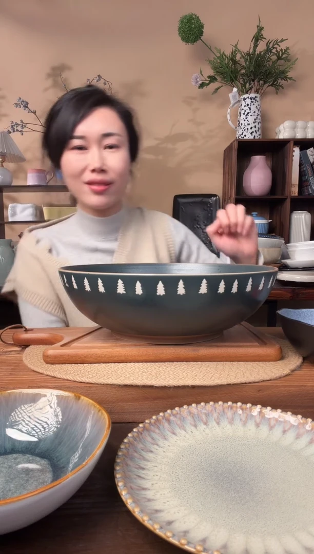 12.8英寸墨绿麻点小树大汤碗微瑕