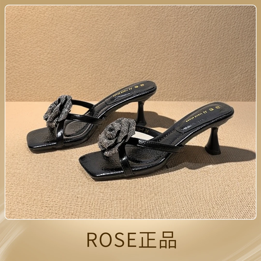 【ROSE正品】5CM山茶花方头凉拖鞋女夏外穿2025爆款洋气高跟鞋女