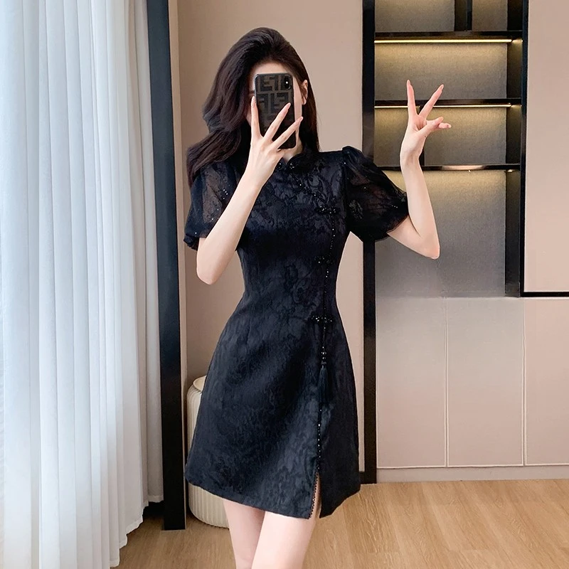 高级轻奢名媛气质泡泡袖提花连衣裙新中式少女小黑裙旗袍黑色礼服