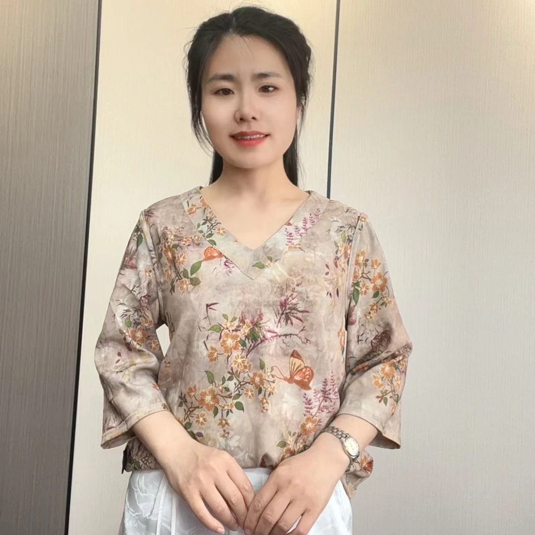 粉黛}2024夏季中袖新款时尚五分袖立领妈妈装宽松上衣减龄
