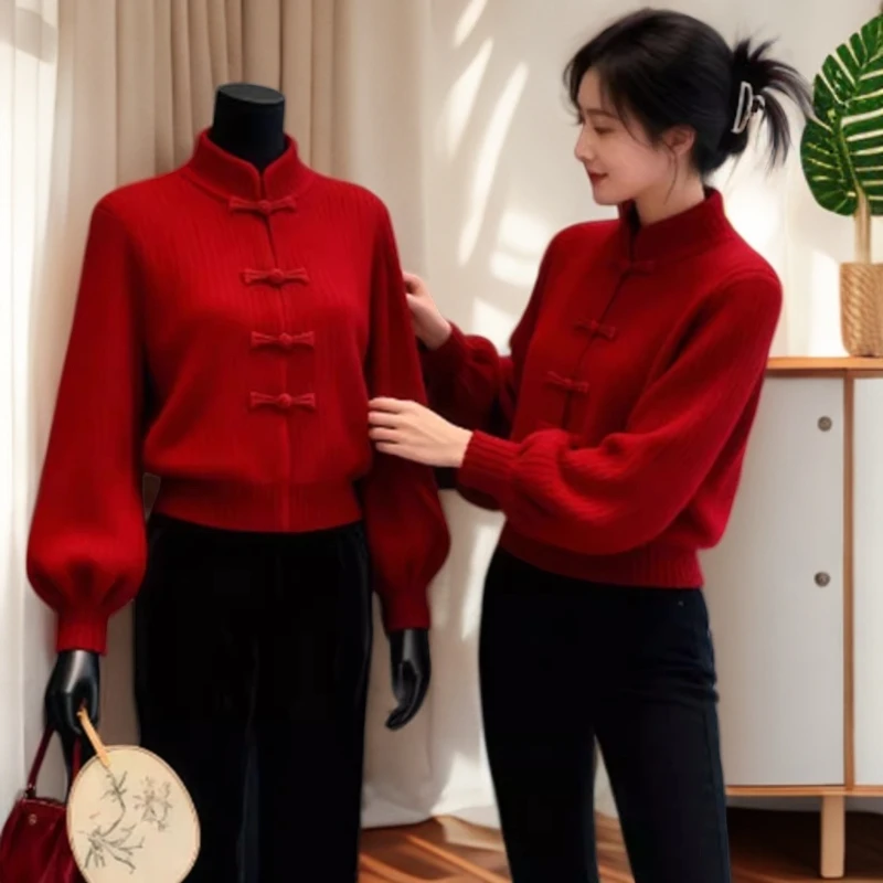 秋冬季新款时髦洋气氛围感立领毛衣百搭高级感设计百搭红色针织衫