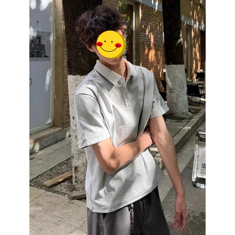 假两件格子衬衫领重磅短袖T恤男夏季美式复古潮牌宽松情侣五分袖