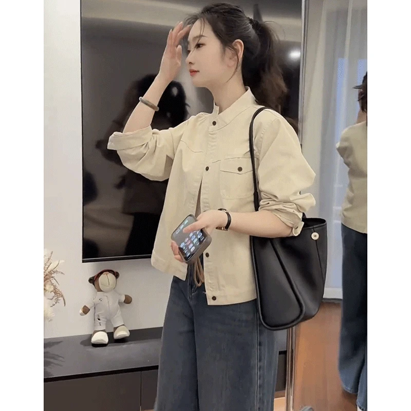 【小沫家】工装立领短款外套女2025春秋新款复古小个子休闲显瘦上衣
