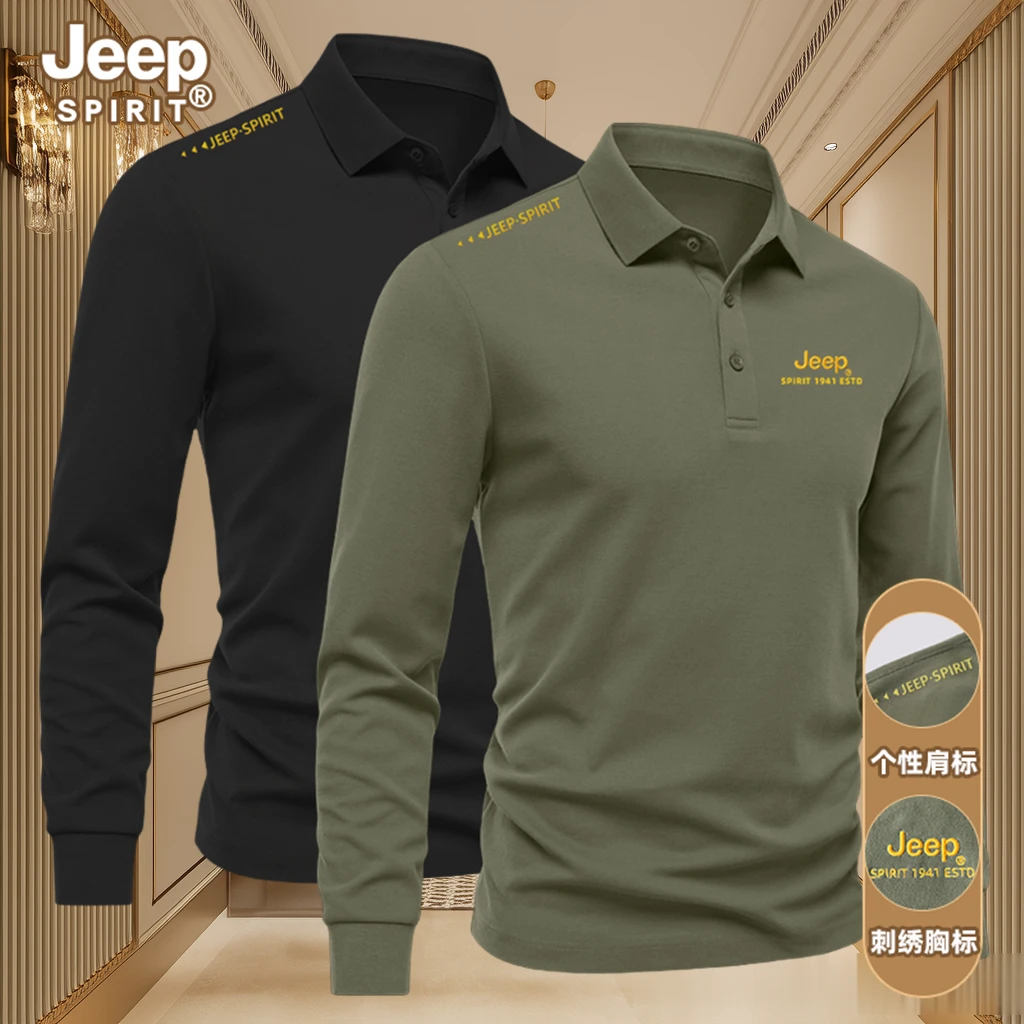 JEEP SPIRIT轻奢刺绣长袖运动POLO衫男商务休闲上衣T恤纯色打底衫