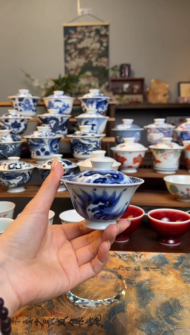 手工手绘海浪盖碗