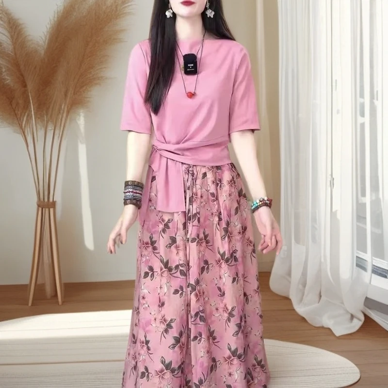 中年2025夏季新款时尚显瘦大码妈妈装百搭休闲半身裙套装女收腰