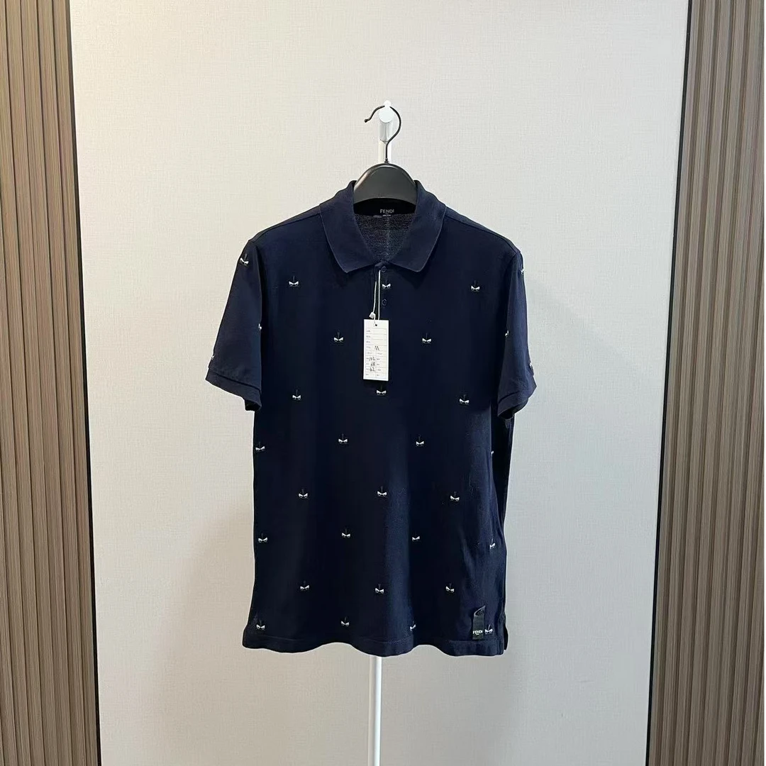 99新 FENDI/芬迪 /藏蓝色满印刺绣小怪兽短袖polo/尺码M