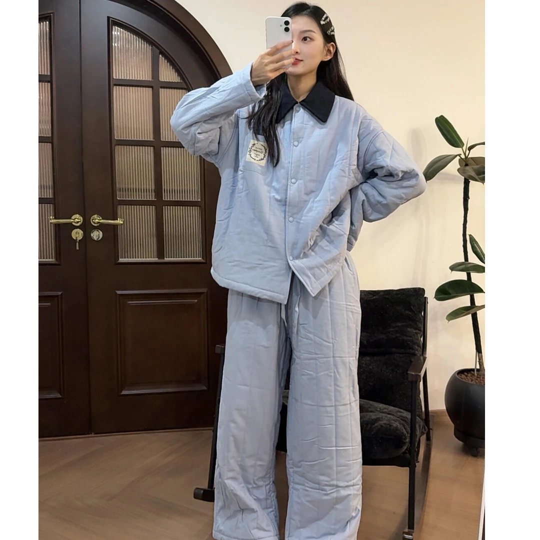 简约蓝色翻领夹棉睡衣女冬季2025新款大码加厚保暖家居服套装外穿