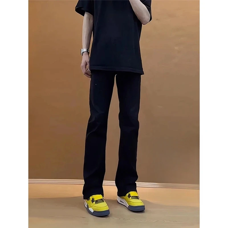 实验室纯黑色弯刀黑色牛仔裤男春季弹力修身潮流痞帅直筒微喇裤子