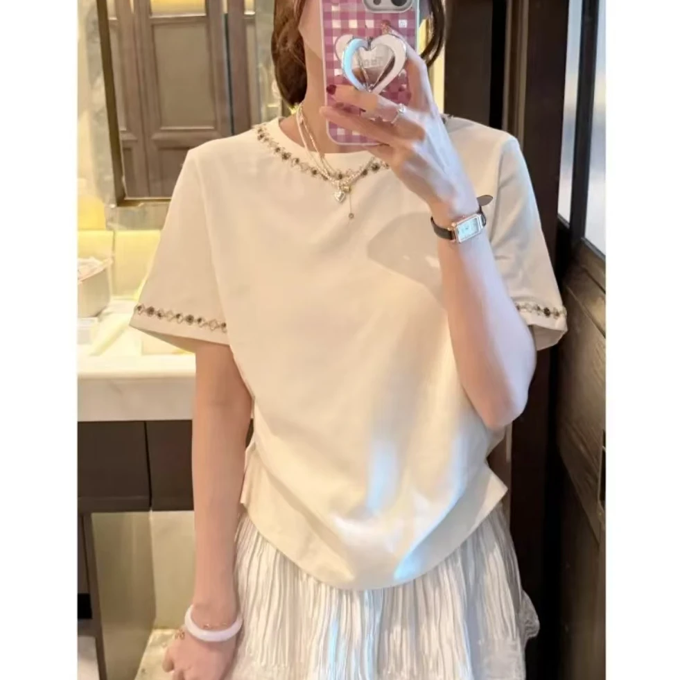 【陈陈推荐】新款女短袖手工钉珠设计T恤圆领上衣休闲百搭