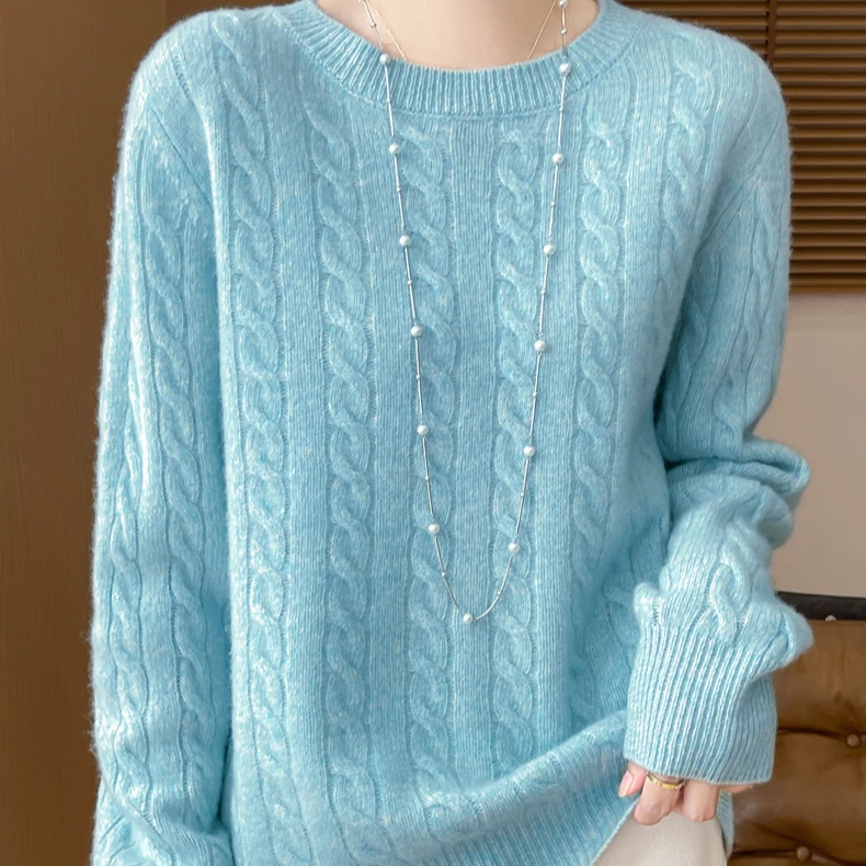 100纯羊毛花纱圆领加厚绞花羊毛衫上衣D346清