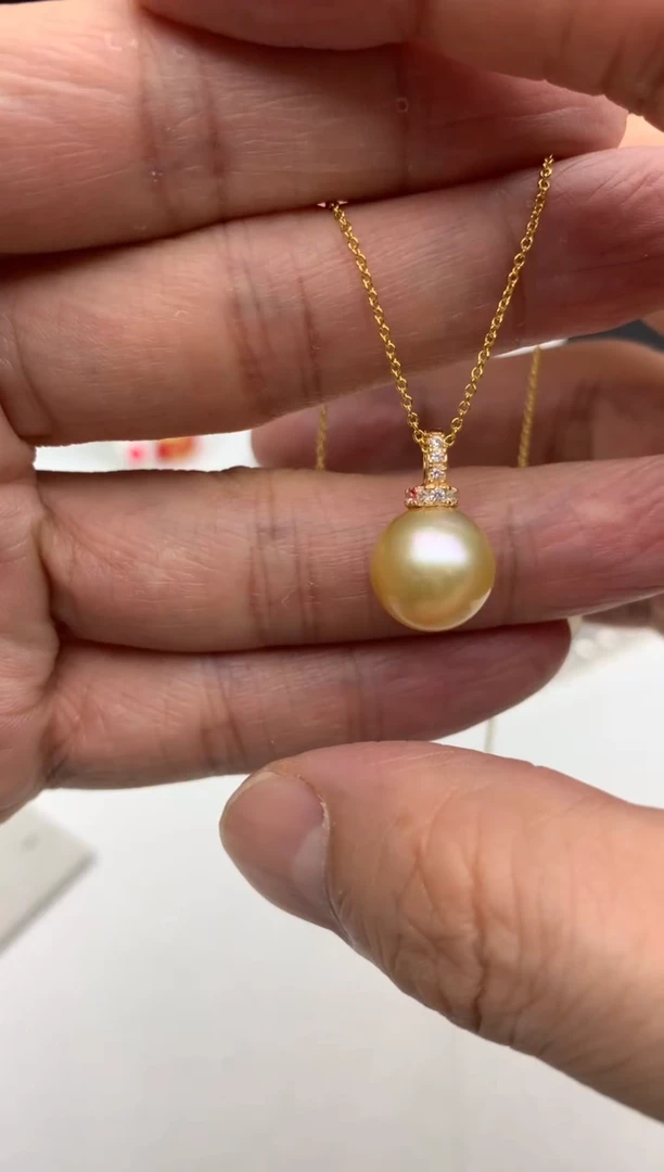 银S925镶嵌ff海水珍珠金珠吊坠(赠链）11~12mm