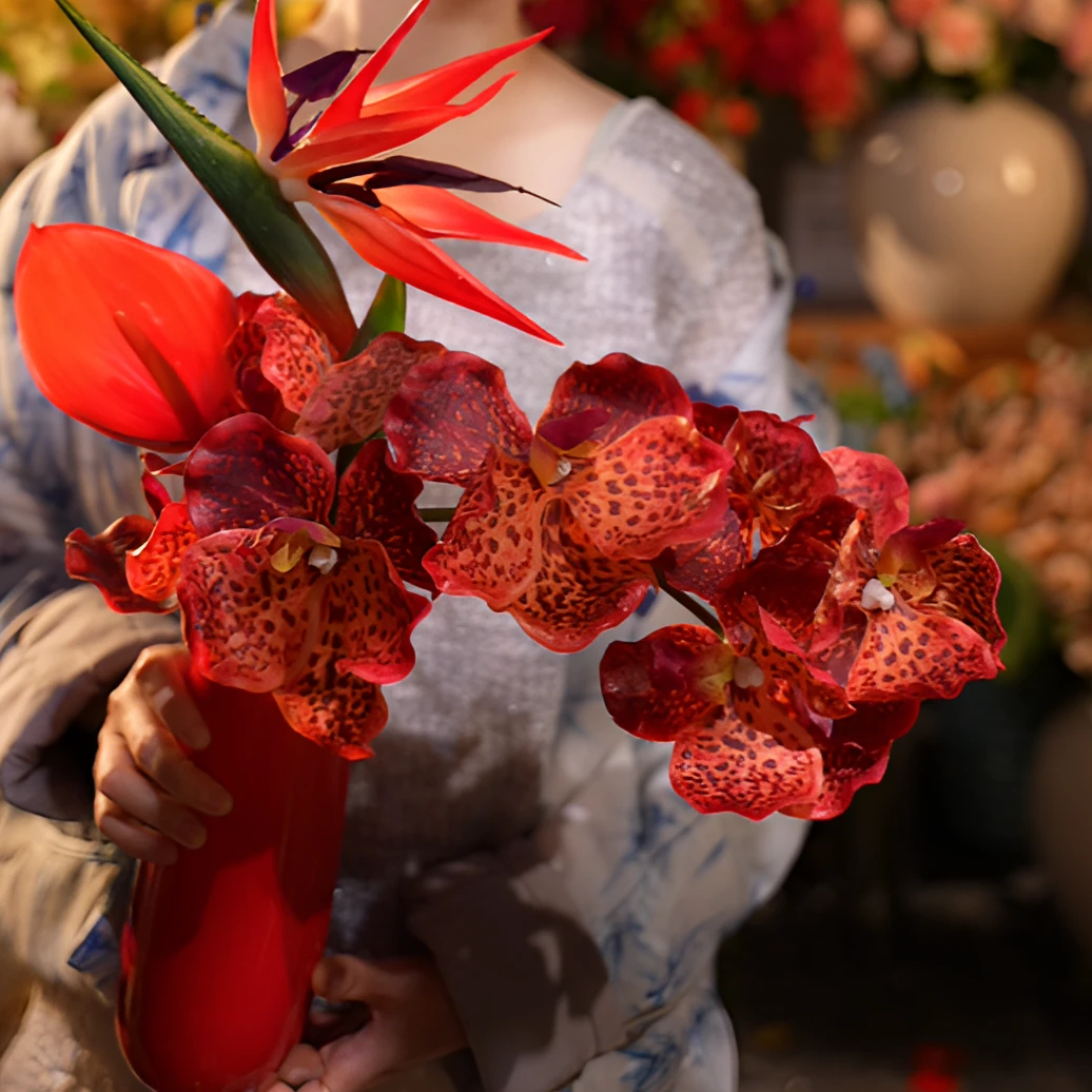（鸿运当头）万代兰手感花配上大号鹤望兰 天堂鸟 红掌 仿真花