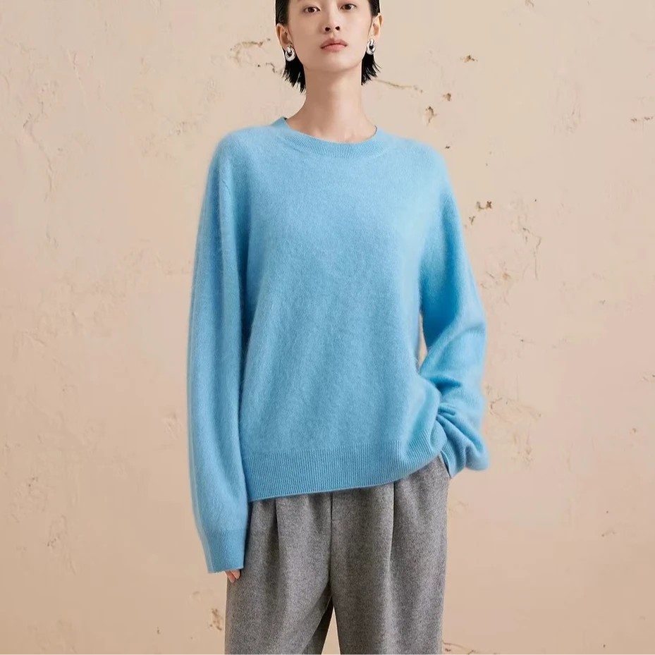 251081【多斯订单】新品蓝色宽松休闲厚款毛衣圆领针织衫