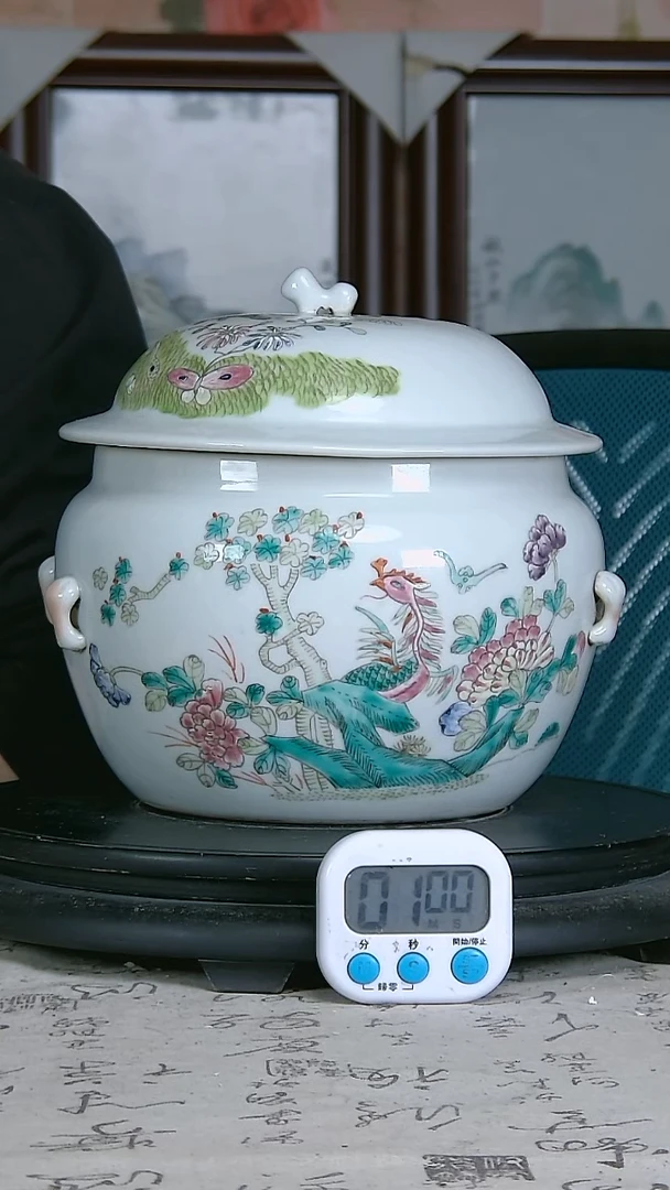 陶绿**动粉彩精绘没花鸟图罐