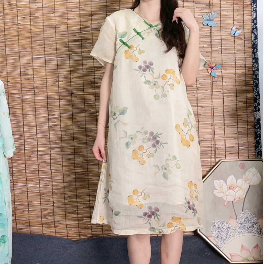 2025新款圆领原创印花新中式斜襟盘口春夏季苎麻改良旗袍
