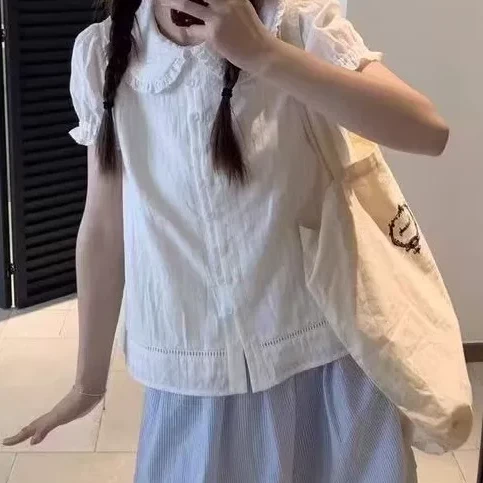 【茄子专属】短袖衬衫女夏季蓝色高腰百搭半身裙两件套3563^