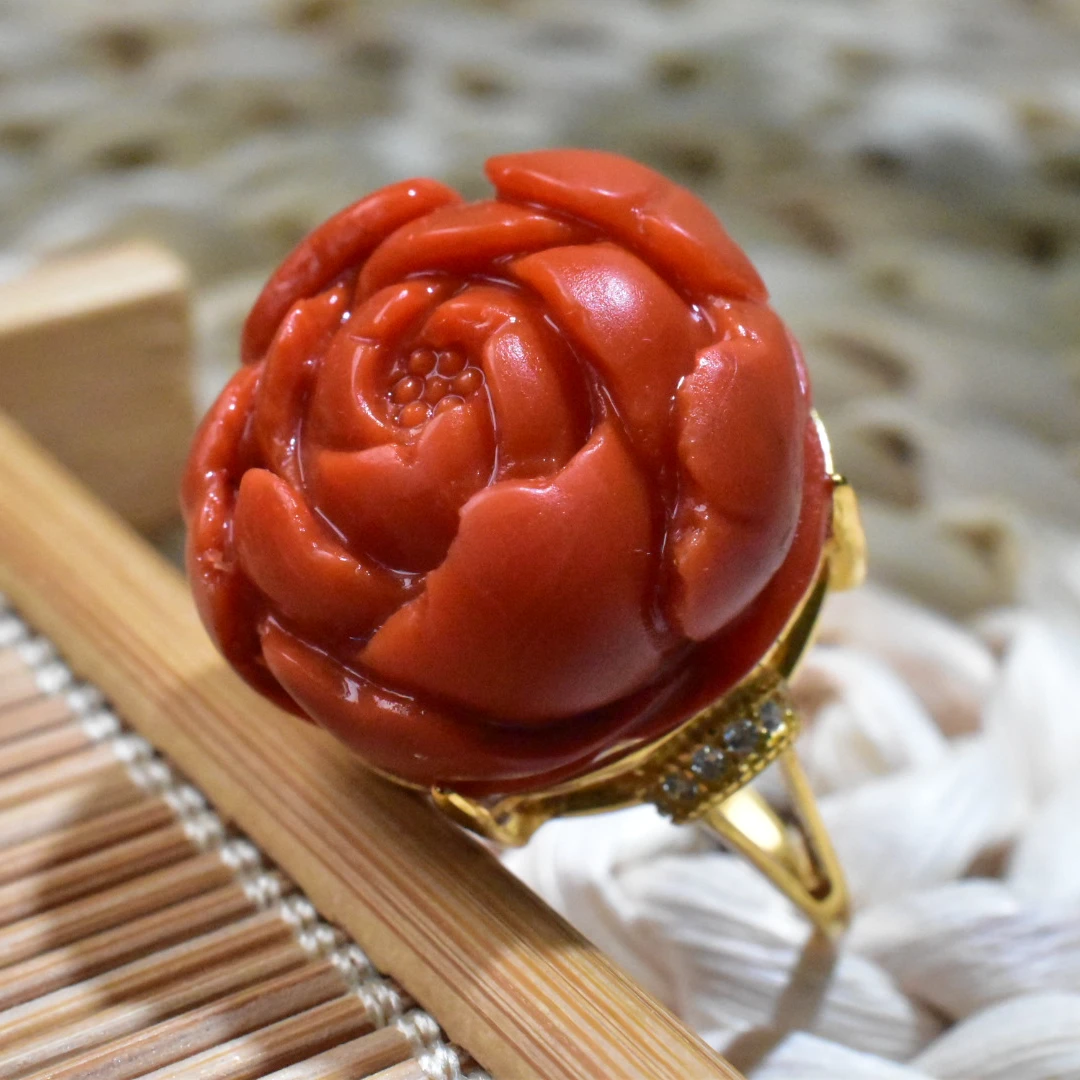 【一九珠宝】S925银南红牡丹花大戒指-卡20mm-多样性发一件 YJ361-1
