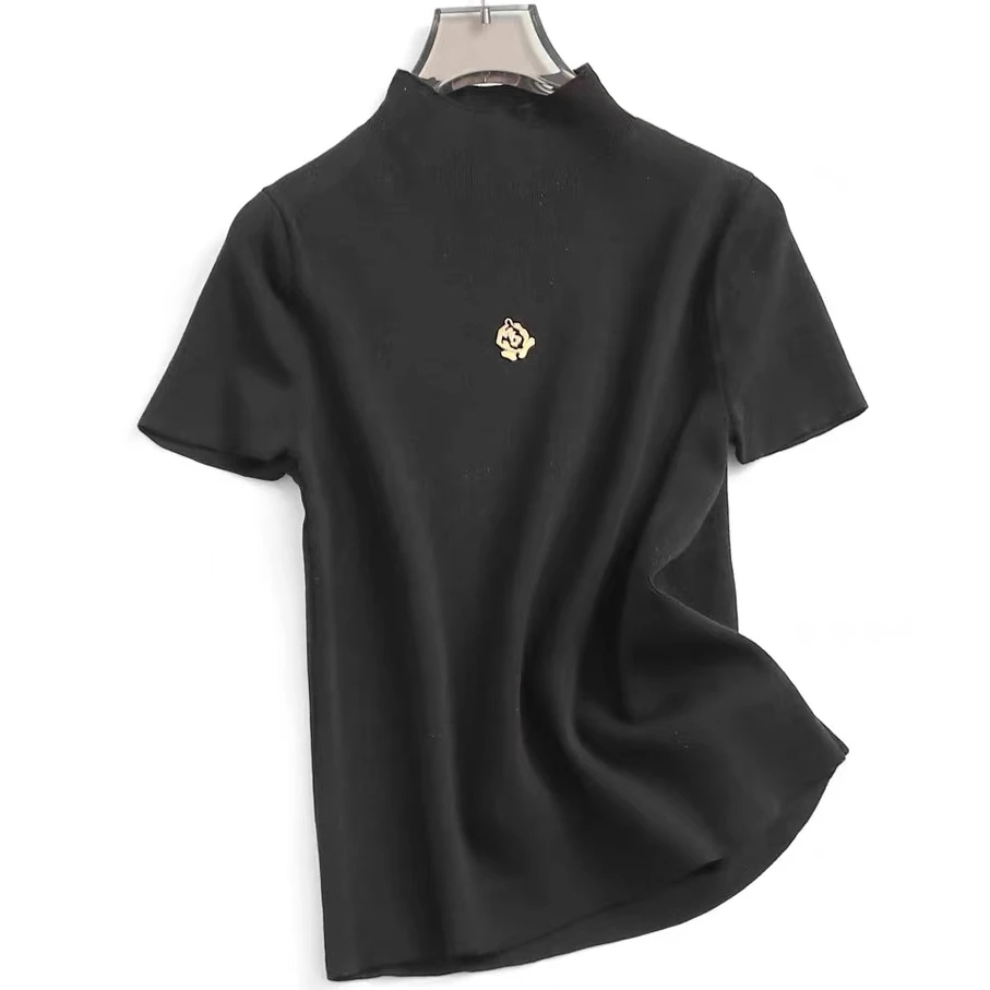 半高领金属花朵显瘦短袖-A005