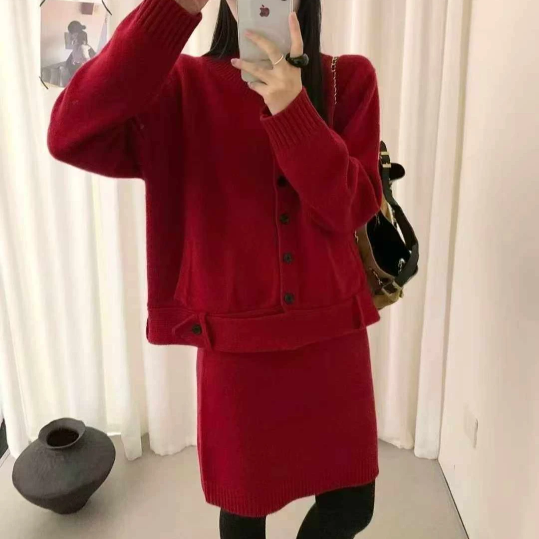 L S 毛衣针织套装 时尚红色慵懒风静奢风上衣意式休闲休闲风针织