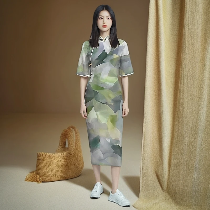 2025年新款印花棉绸真丝绸缎轻薄透气白绿花【旗袍短袖衬衣套装裙】