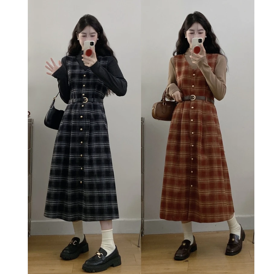 大码新款时尚气质格子复古背带连衣裙收腰显瘦长裙套装