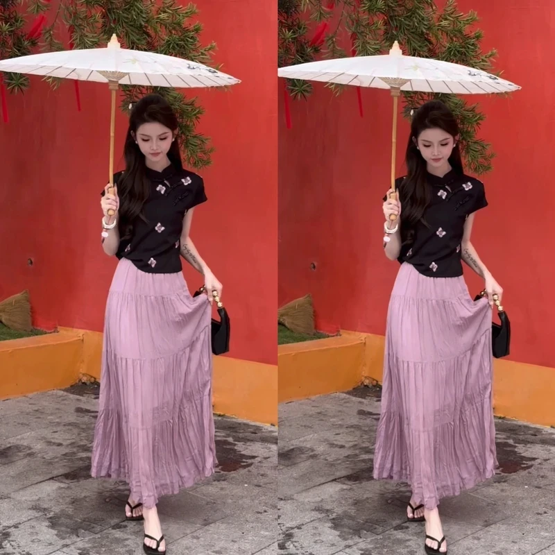 （淘气美人）粉蝶精绣国风斜珠扣中式立领短袖上衣半身裙两件套