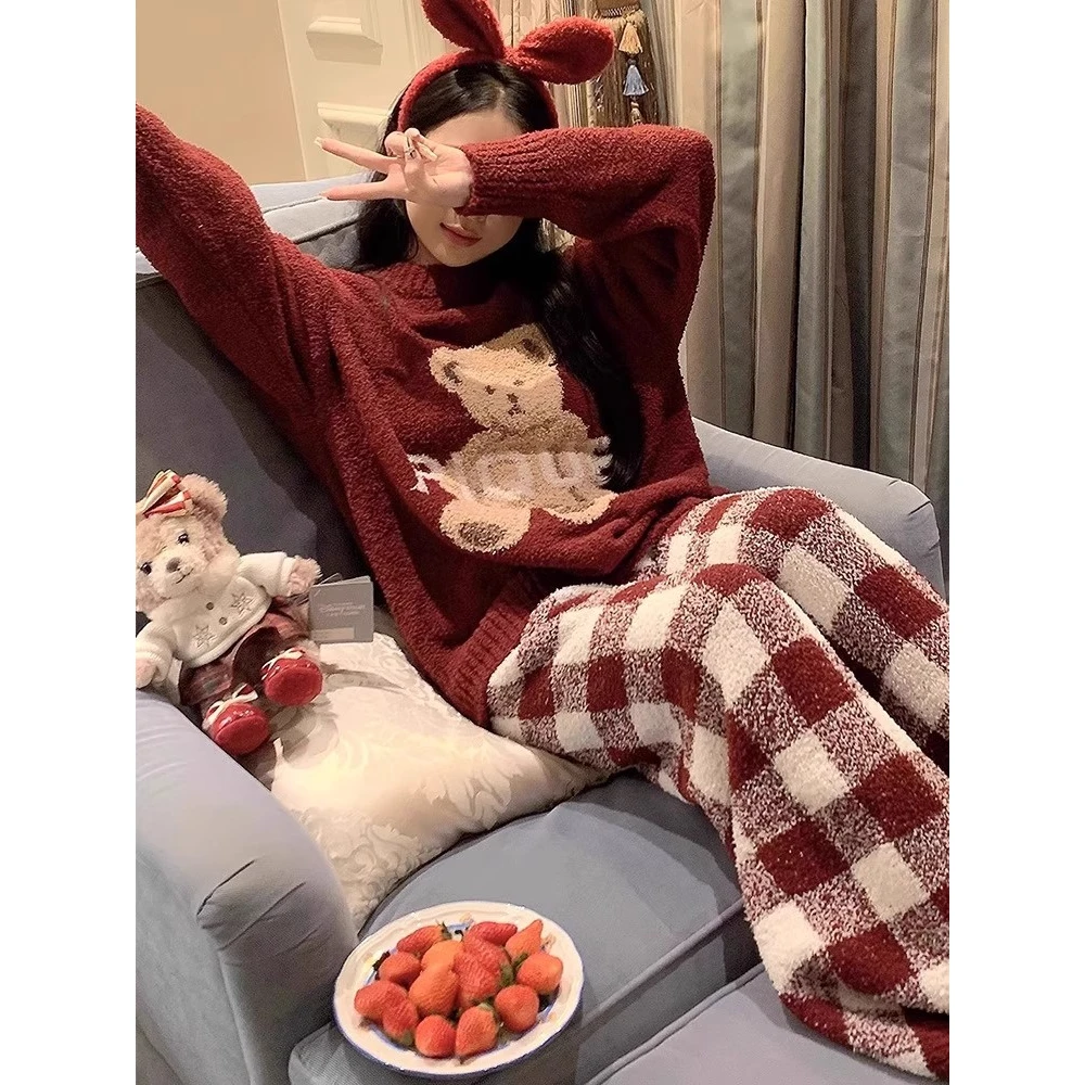 睡衣女款爆款2025秋冬季新款半边绒卡通小熊格子长袖可外穿家居服