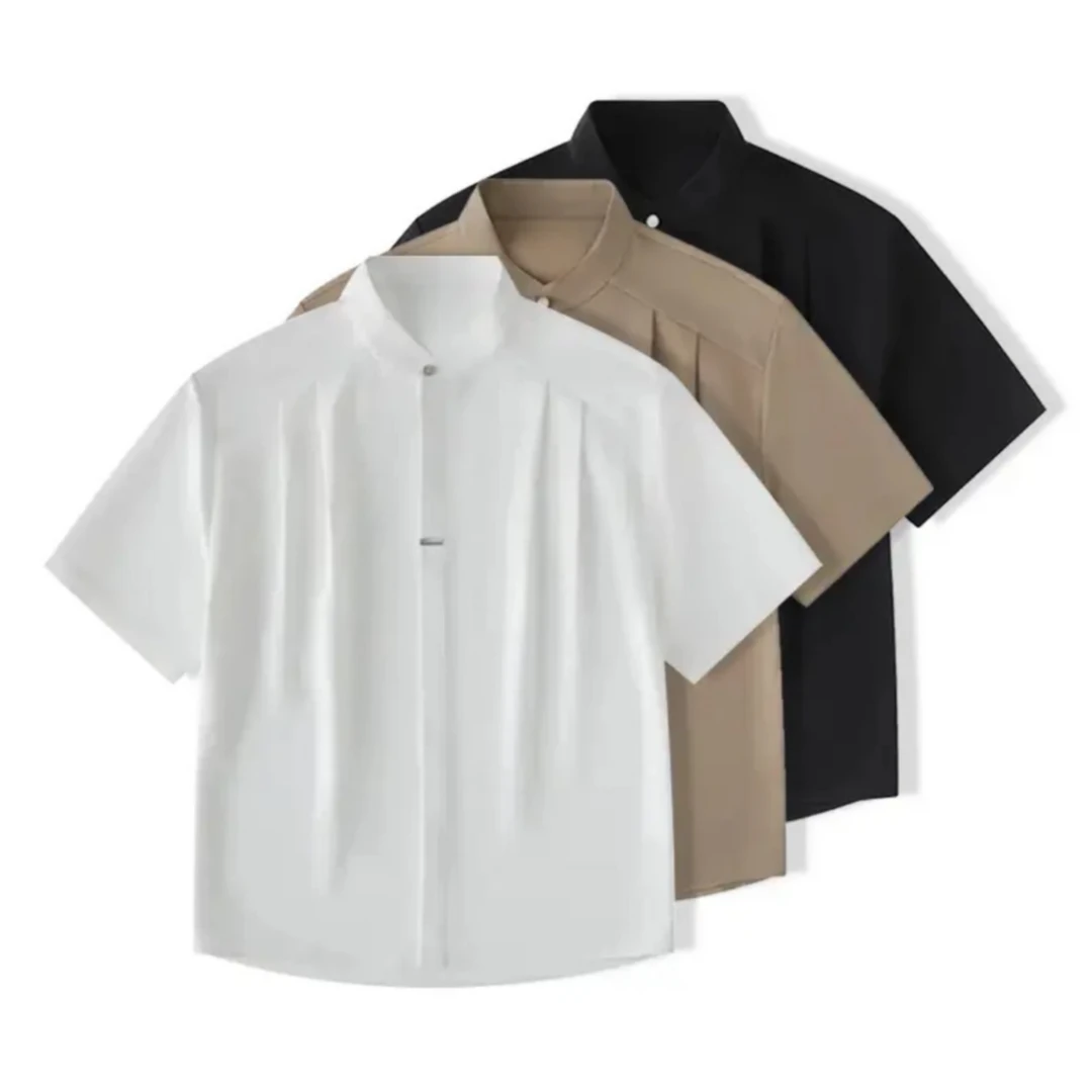 2025夏季宽松纯色痞帅男士男生冰丝简约薄款百搭设计感衬衫短袖