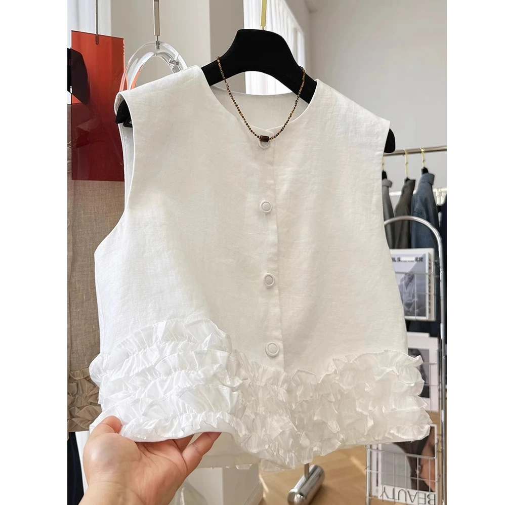 加宽加大胖mm高级感气质花边西装马甲女春季叠穿无袖坎肩背心外套