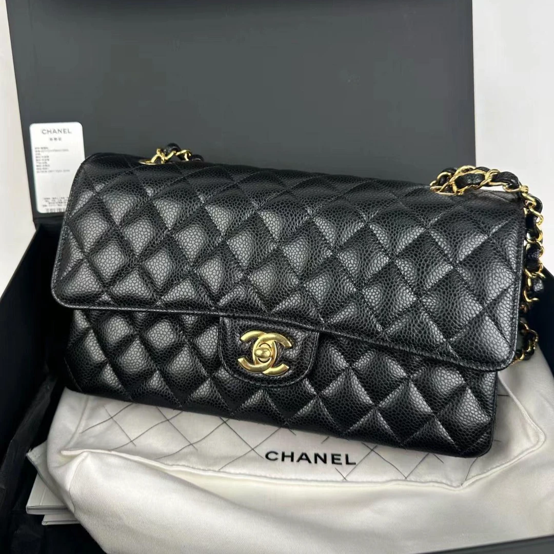 未使用 Chanel/香奈儿 24年芯片款香奈儿CF黑金荔枝牛中号