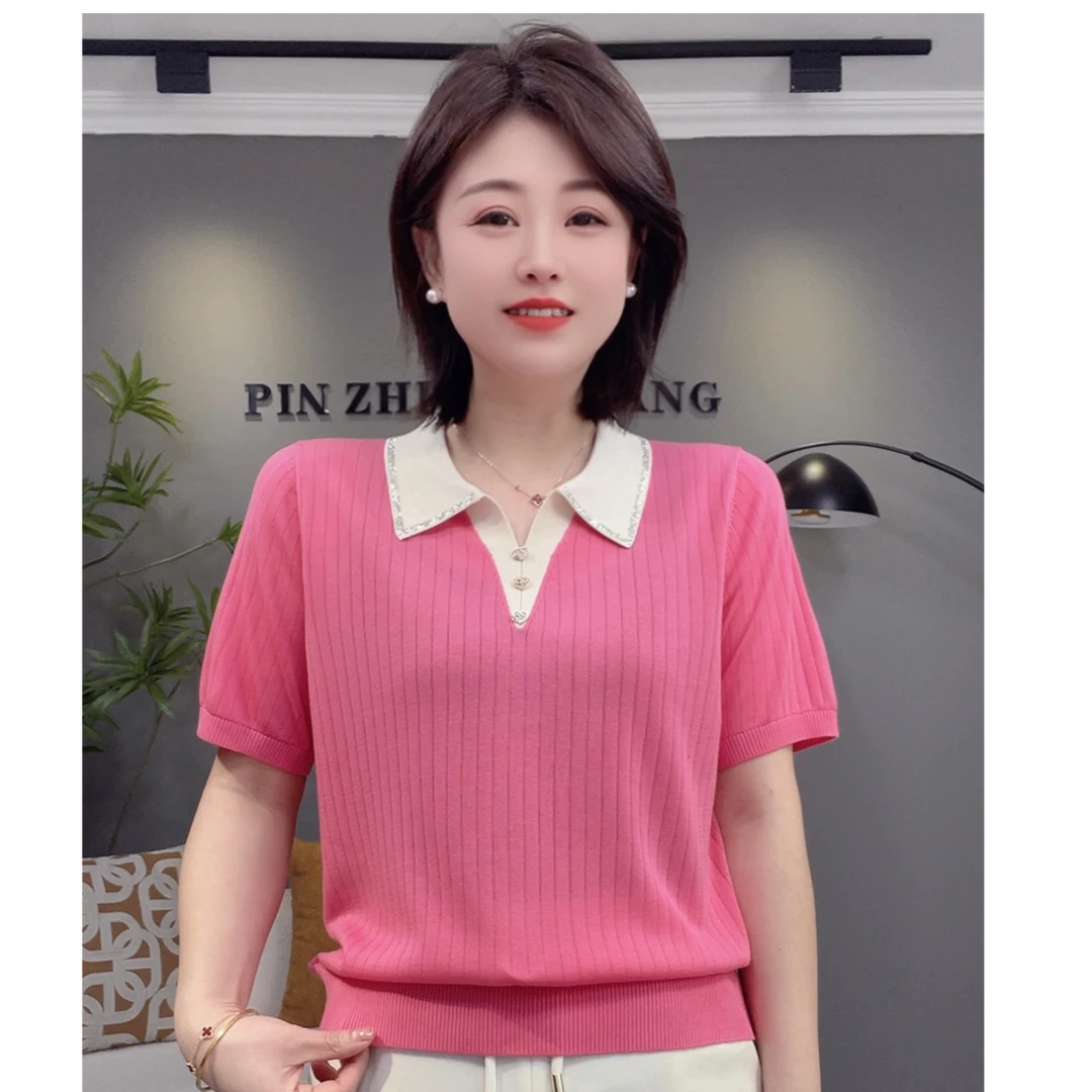 夏季新款烫钻翻领设计感时尚气质天丝半袖73675