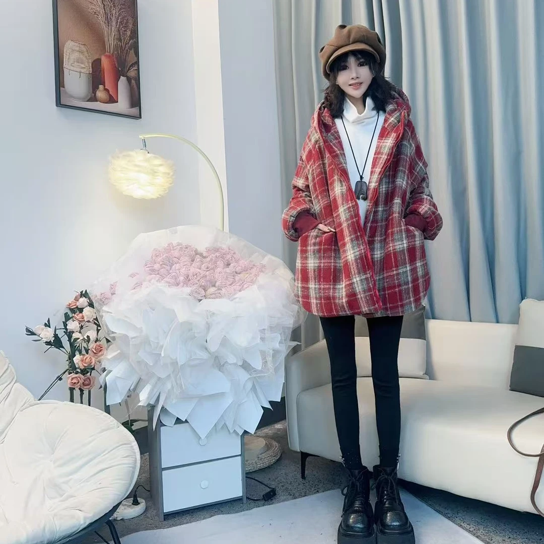 【沐木流浪记】（忘优）冬季时尚休闲连帽格子棉服外套z