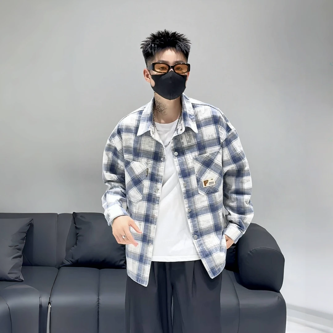 牛仔外套男士格子长袖衬衫秋季新款美式休闲宽松夹克上衣XFSG5858