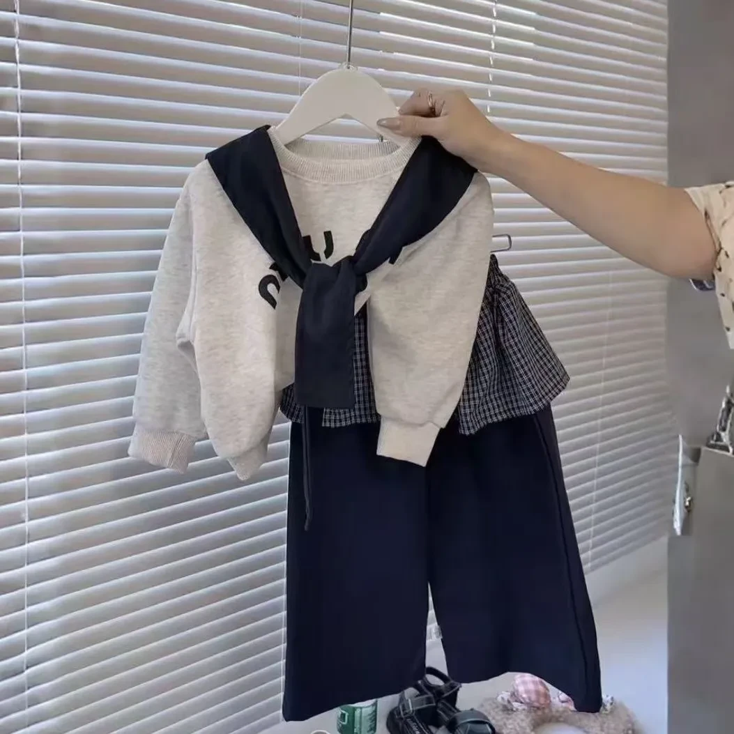 女童屁帘直筒裤套装2025秋季新款童装韩版甜酷阔腿裤套装