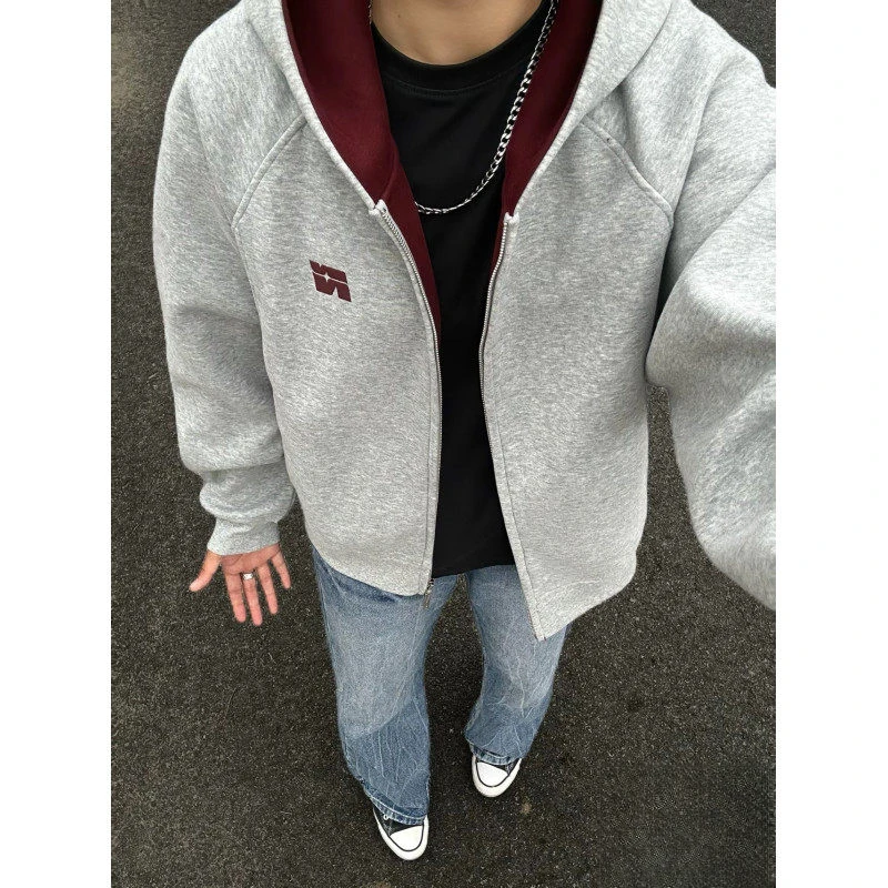@MAX微短款撞色刺绣双拉链开衫卫衣男女潮牌情侣连帽休闲外套