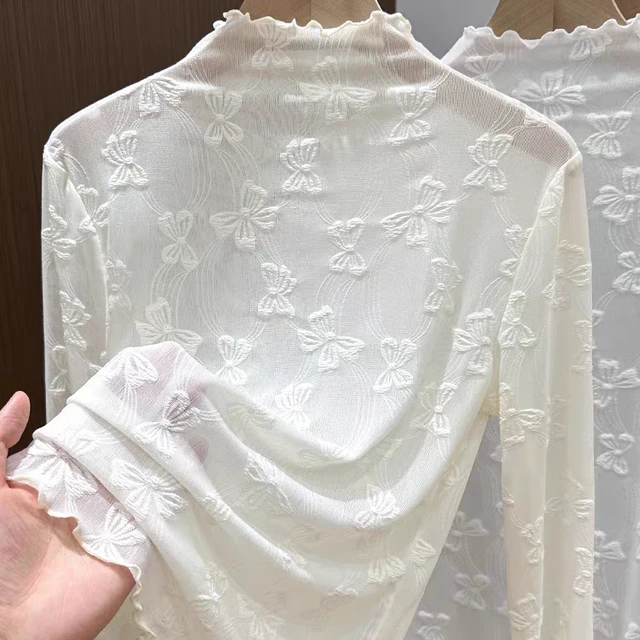 2025新款正肩木耳边蕾丝打底衫秋冬季蝴蝶提花半高领内搭网纱上衣