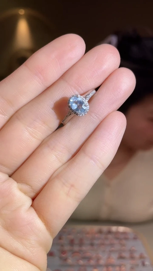 银S925镶嵌戒圈海蓝宝石手饰