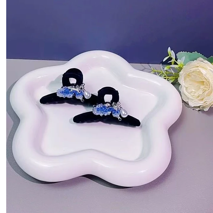 蓝色蝴蝶AB面珍珠流苏小抓夹